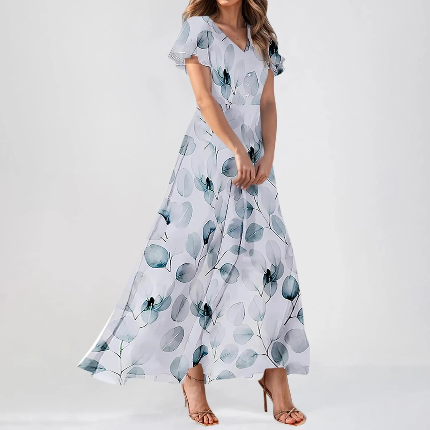Floral Maxi Dresses for Women 2025 Dressy Elegant Long Flowy Dresses Casual Summer Flutter Sleeve V Neck Swing Dress