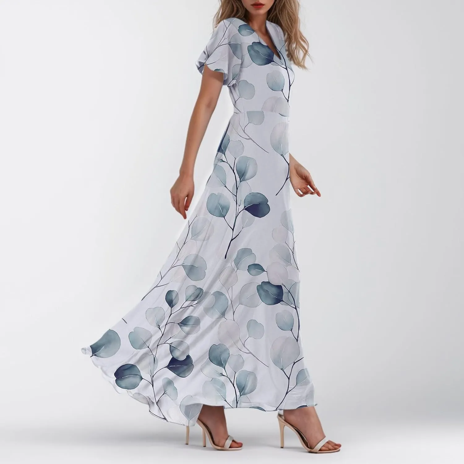 Floral Maxi Dresses for Women 2025 Dressy Elegant Long Flowy Dresses Casual Summer Flutter Sleeve V Neck Swing Dress