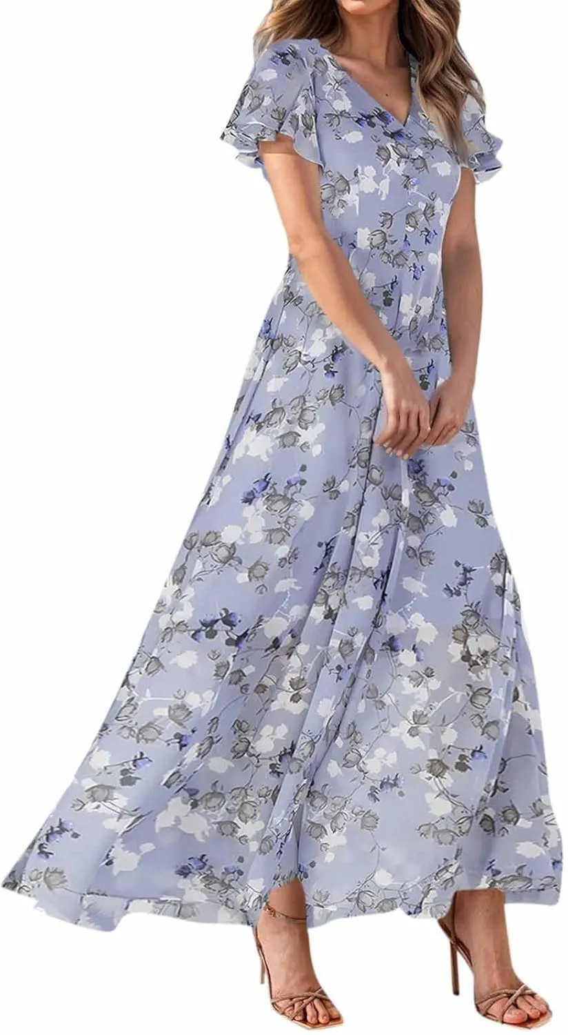 Floral Maxi Dresses for Women 2025 Dressy Elegant Long Flowy Dresses Casual Summer Flutter Sleeve V Neck Swing Dress