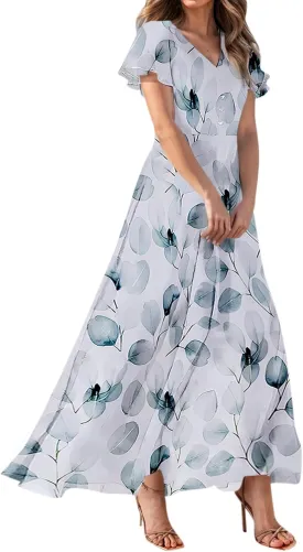 Floral Maxi Dresses for Women 2025 Dressy Elegant Long Flowy Dresses Casual Summer Flutter Sleeve V Neck Swing Dress