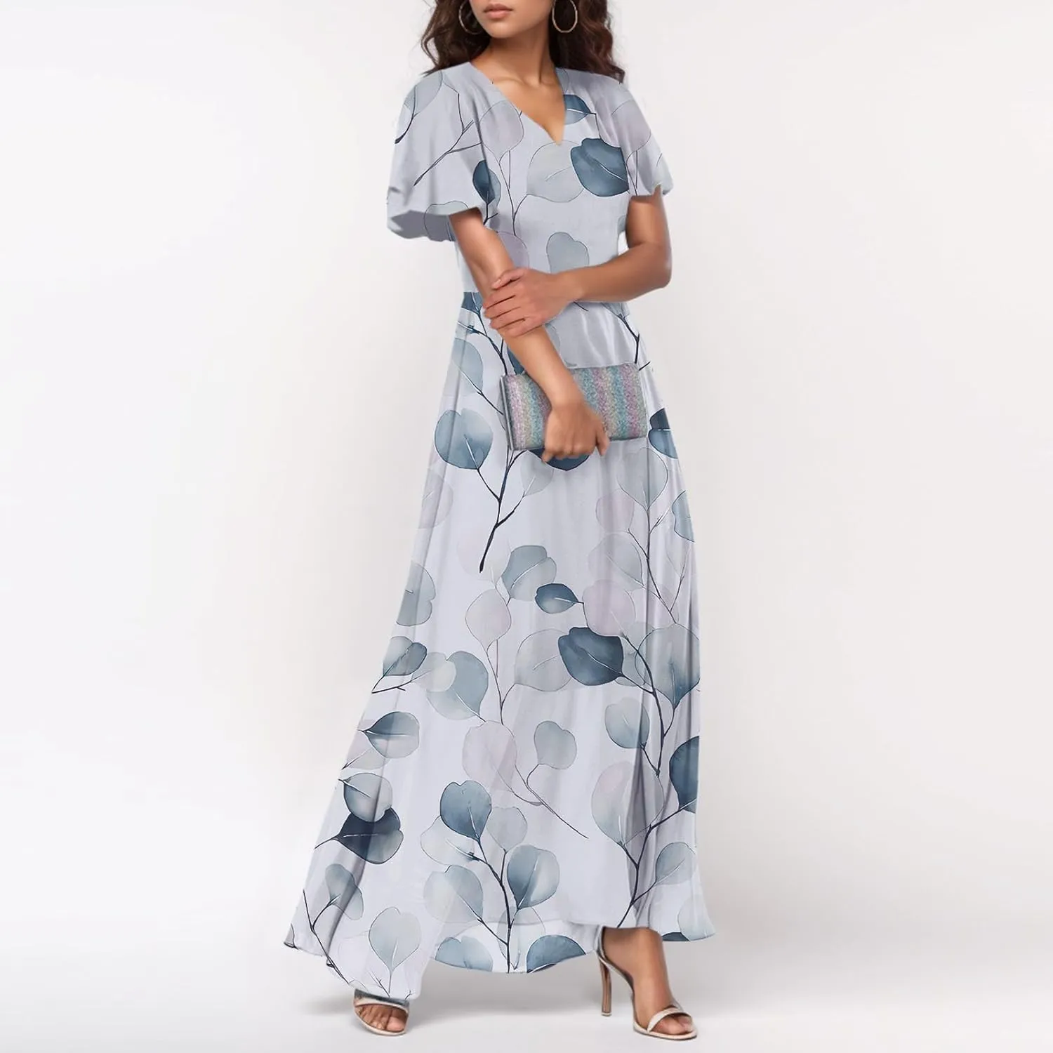 Floral Maxi Dresses for Women 2025 Dressy Elegant Long Flowy Dresses Casual Summer Flutter Sleeve V Neck Swing Dress
