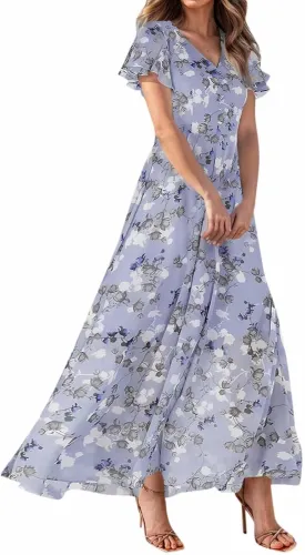 Floral Maxi Dresses for Women 2025 Dressy Elegant Long Flowy Dresses Casual Summer Flutter Sleeve V Neck Swing Dress