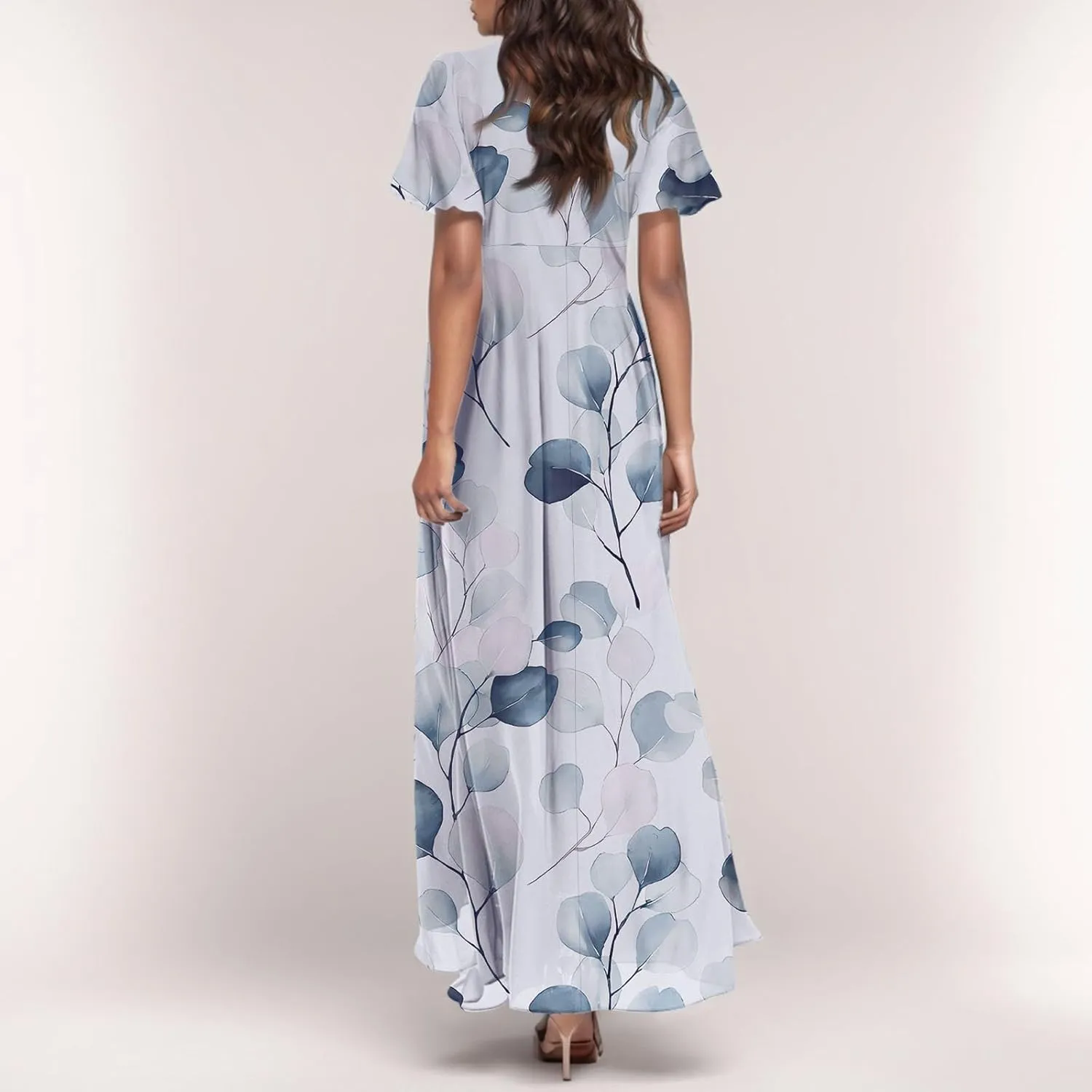 Floral Maxi Dresses for Women 2025 Dressy Elegant Long Flowy Dresses Casual Summer Flutter Sleeve V Neck Swing Dress