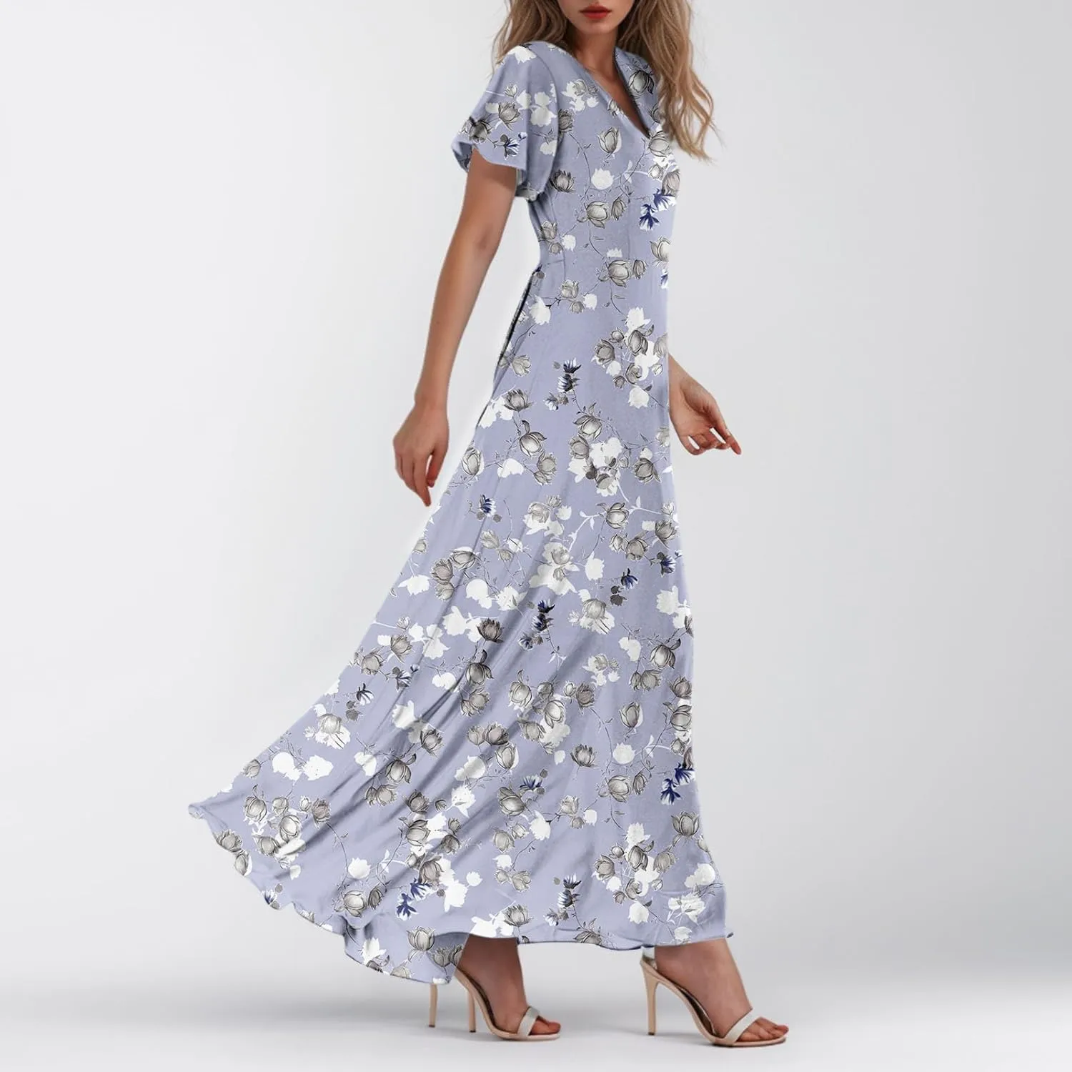 Floral Maxi Dresses for Women 2025 Dressy Elegant Long Flowy Dresses Casual Summer Flutter Sleeve V Neck Swing Dress