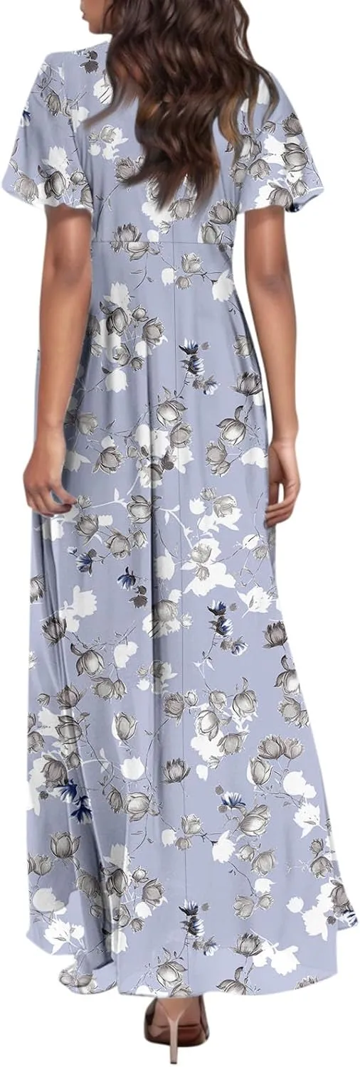 Floral Maxi Dresses for Women 2025 Dressy Elegant Long Flowy Dresses Casual Summer Flutter Sleeve V Neck Swing Dress
