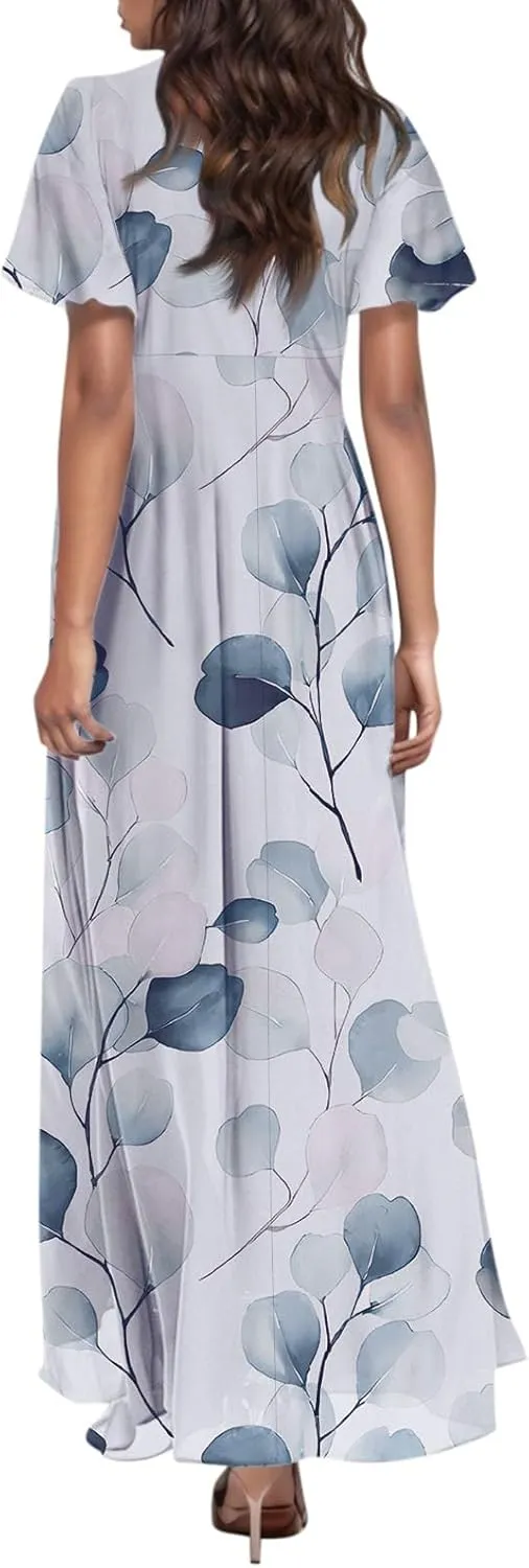 Floral Maxi Dresses for Women 2025 Dressy Elegant Long Flowy Dresses Casual Summer Flutter Sleeve V Neck Swing Dress