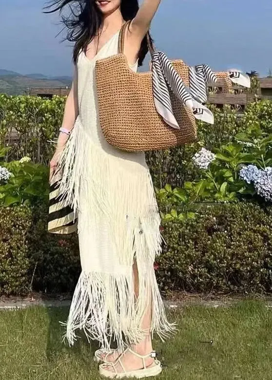 FLYTONN- Italian Apricot V Neck Tasseled Patchwork Chiffon Dresses Sleeveless HA1044