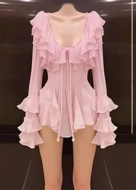 FLYTONN- Novelty Pink Ruffled Lace Up Chiffon Mid Dress Long Sleeve EE1050