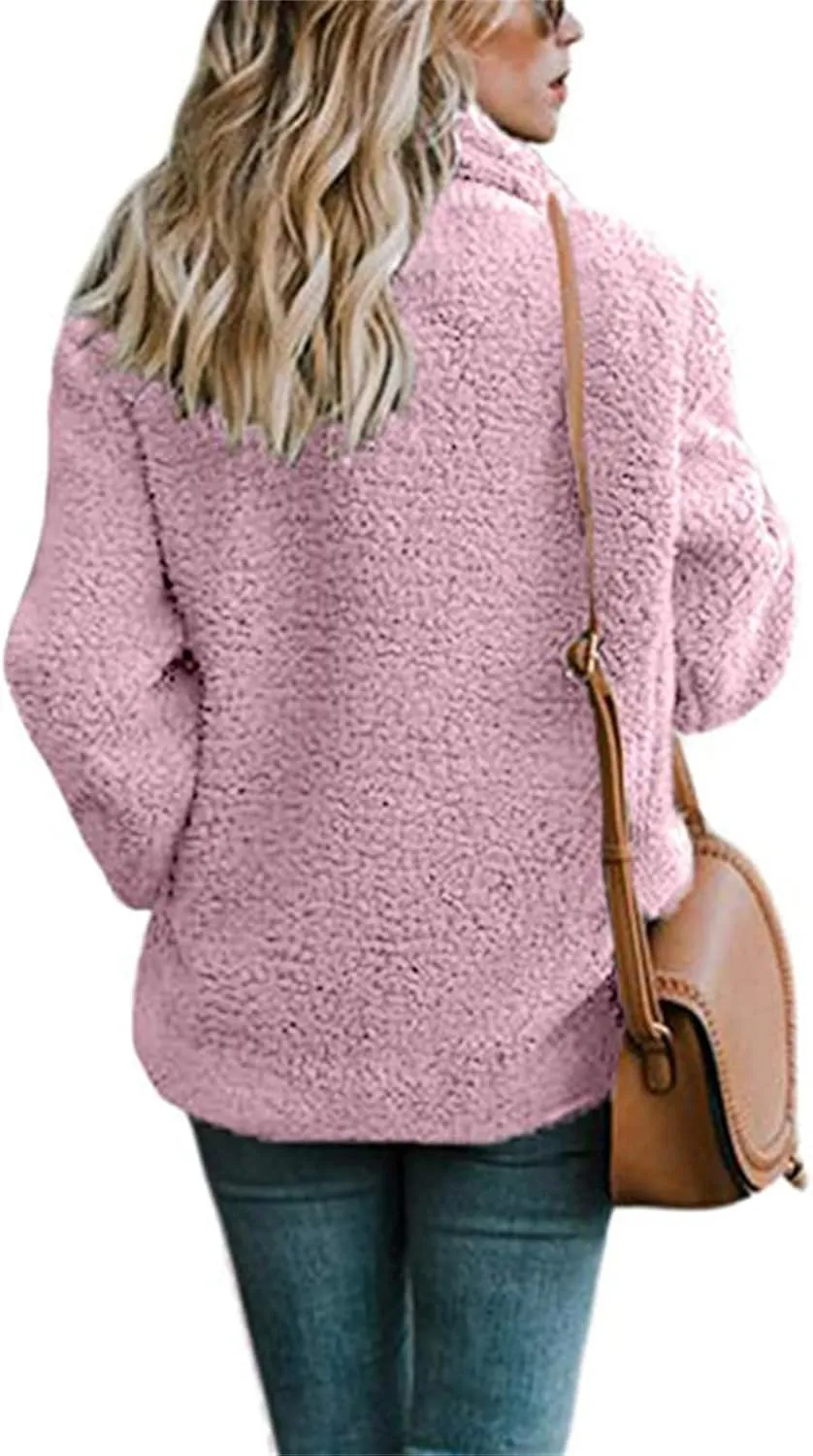 Fuzzy Fleece Jacket Women 2024 Winter Teddy Bear Sherpa Coats Warm Lapel Button Down Cardigan Faux Fur Outwear Pockets