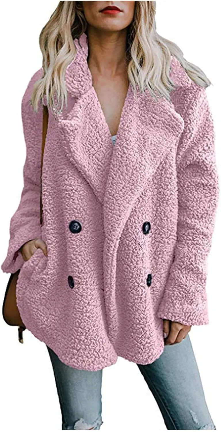 Fuzzy Fleece Jacket Women 2024 Winter Teddy Bear Sherpa Coats Warm Lapel Button Down Cardigan Faux Fur Outwear Pockets