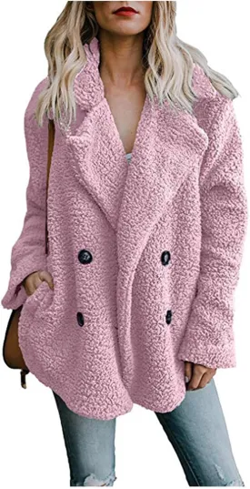 Fuzzy Fleece Jacket Women 2024 Winter Teddy Bear Sherpa Coats Warm Lapel Button Down Cardigan Faux Fur Outwear Pockets