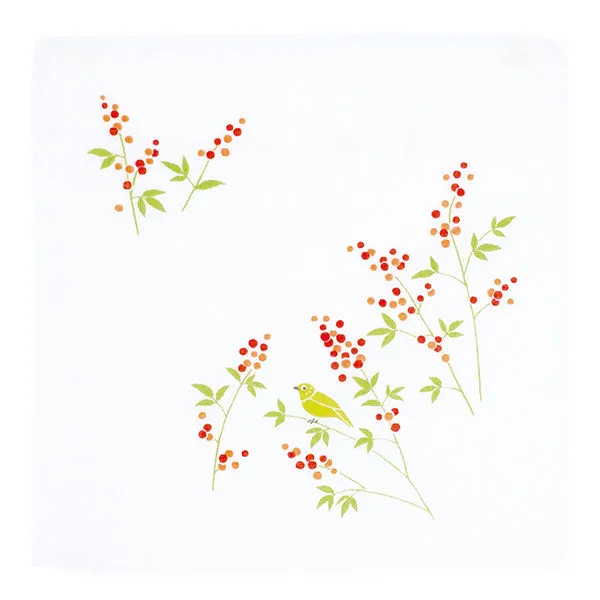 Gauze Handkerchief Nandina and Bird Orange