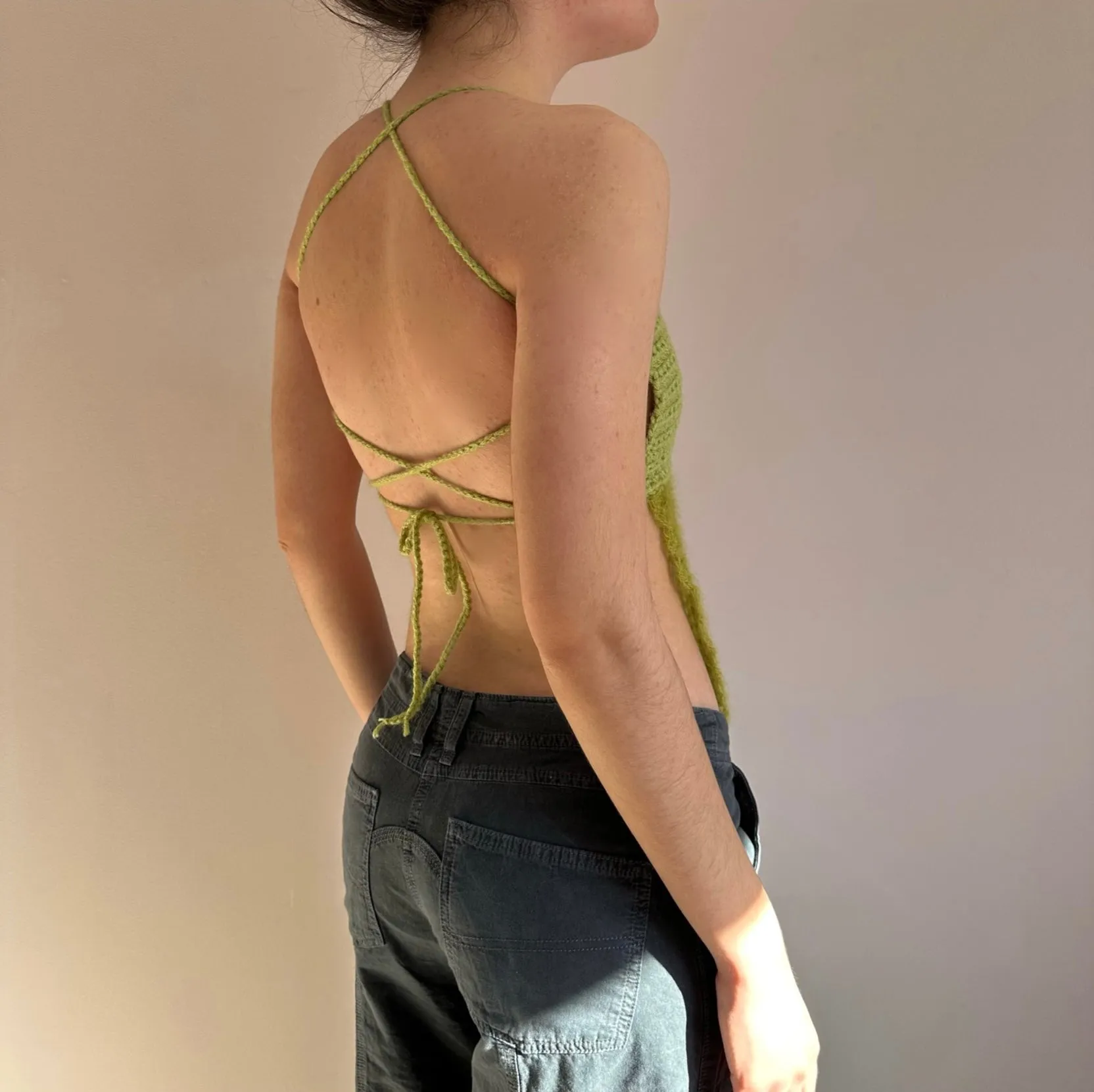 Handmade crochet mohair lace cami top in green