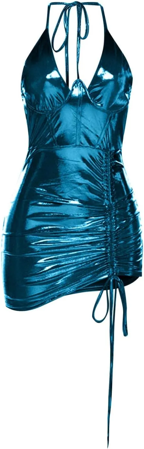 HGps8w Women's Metallic Shiny Corset Halter Bodycon Mini Dresses Sexy Low Cut Drawstring Ruched Nightclub Party Dress