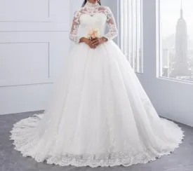 High Neck IIIusion Back Long Sleeve Wedding Dress Lace Ball Gown Wedding Gowns