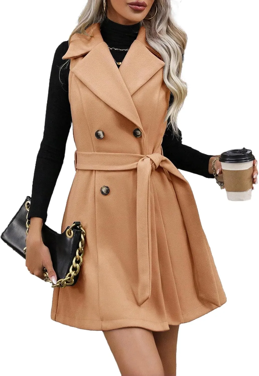 IDEALSANXUN Womens Long Wool Vest Fall Winter Sleeveless Blazer Jackets Double Breasted Trench Coat with Belt