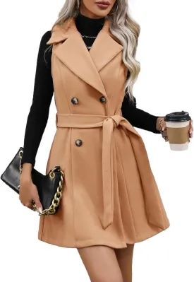 IDEALSANXUN Womens Long Wool Vest Fall Winter Sleeveless Blazer Jackets Double Breasted Trench Coat with Belt