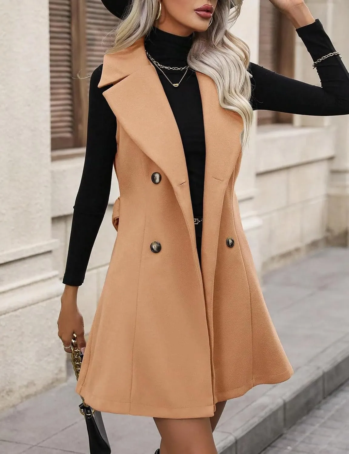 IDEALSANXUN Womens Long Wool Vest Fall Winter Sleeveless Blazer Jackets Double Breasted Trench Coat with Belt
