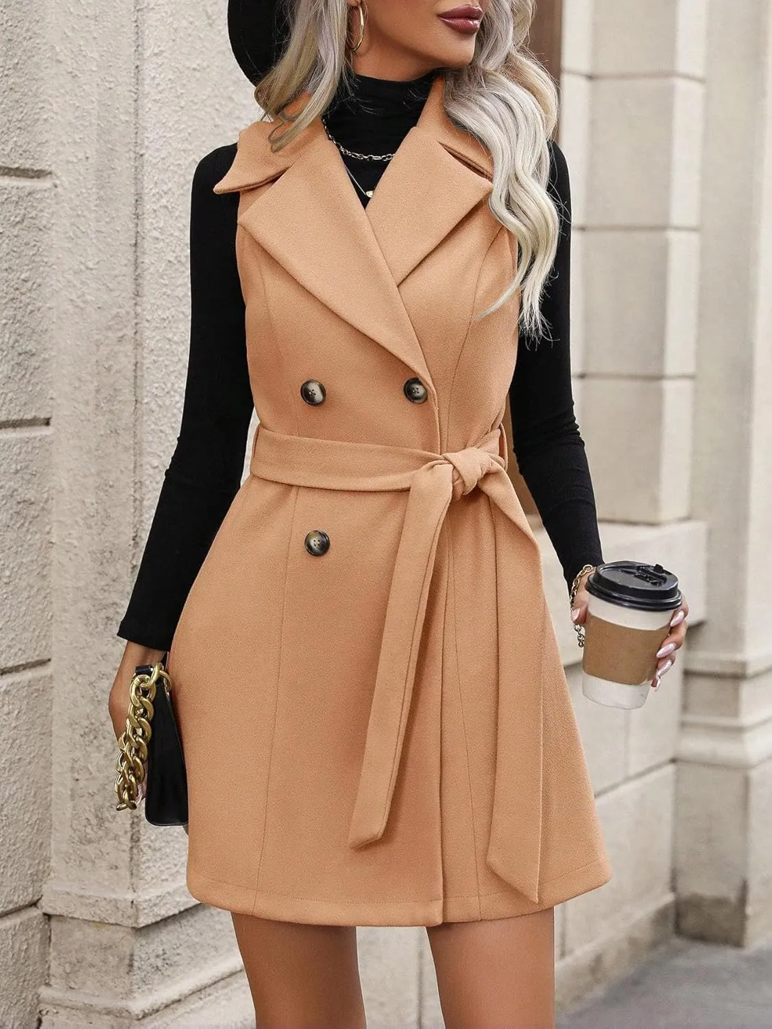 IDEALSANXUN Womens Long Wool Vest Fall Winter Sleeveless Blazer Jackets Double Breasted Trench Coat with Belt