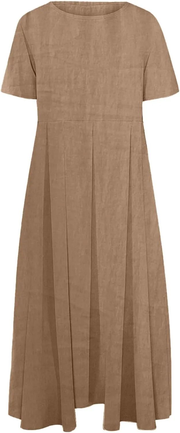 JOAU Plus Size Cotton Linen Maxi Dress for Women 2025 Casual Loose Crew Neck Short Sleeve Beach Vacation Pleated A Line Dress