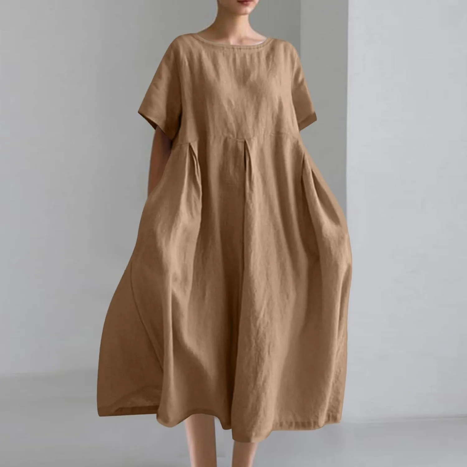JOAU Plus Size Cotton Linen Maxi Dress for Women 2025 Casual Loose Crew Neck Short Sleeve Beach Vacation Pleated A Line Dress