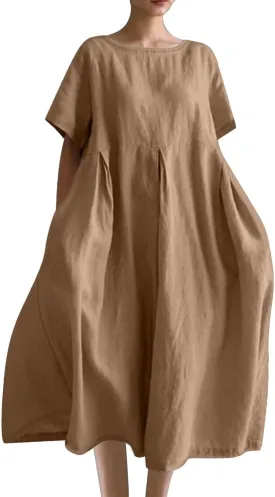 JOAU Plus Size Cotton Linen Maxi Dress for Women 2025 Casual Loose Crew Neck Short Sleeve Beach Vacation Pleated A Line Dress