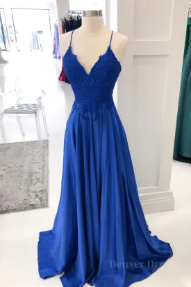 kamahe Royal blue lace satin long prom dress blue formal dress
