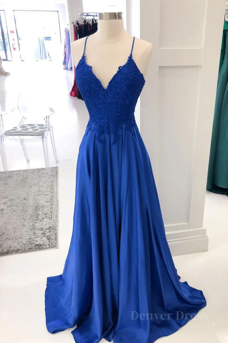 kamahe Royal blue lace satin long prom dress blue formal dress