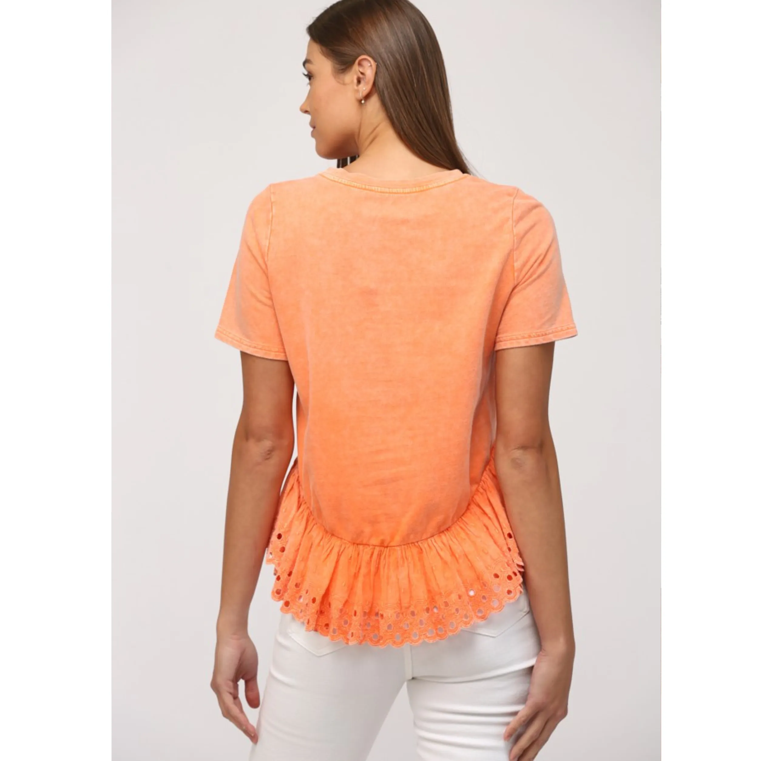 Lace Trimmed Ruffle Hem Washed Top