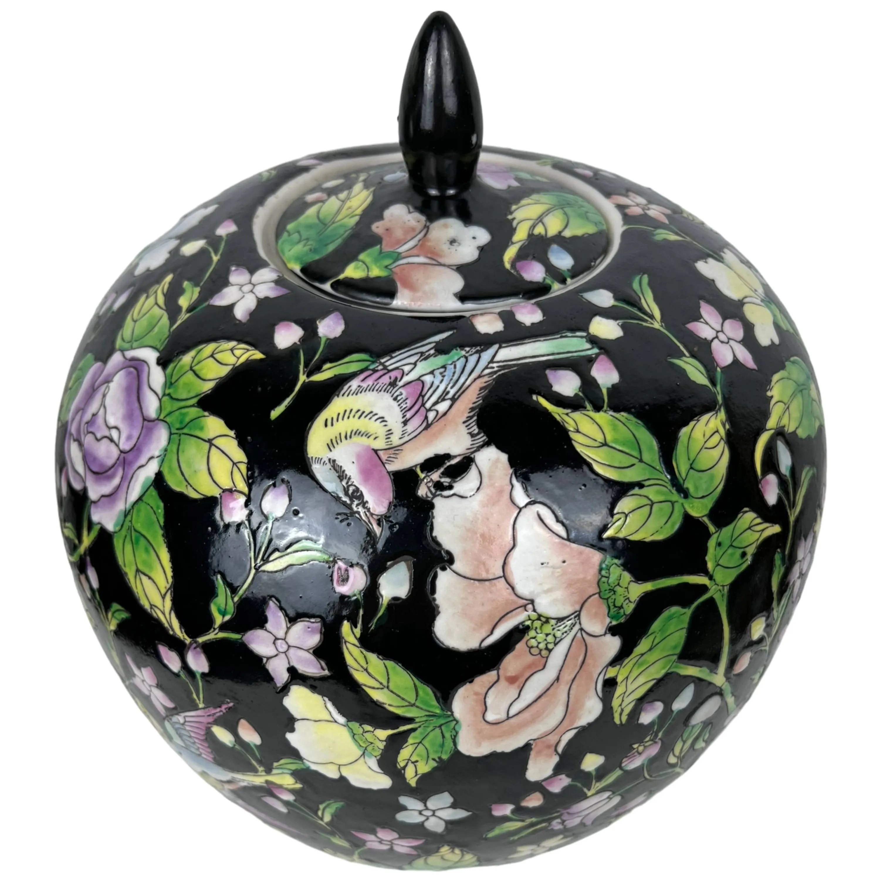 Large Vintage 1970s Chinese Porcelain Ginger Jar 1000 Flowers w Birds