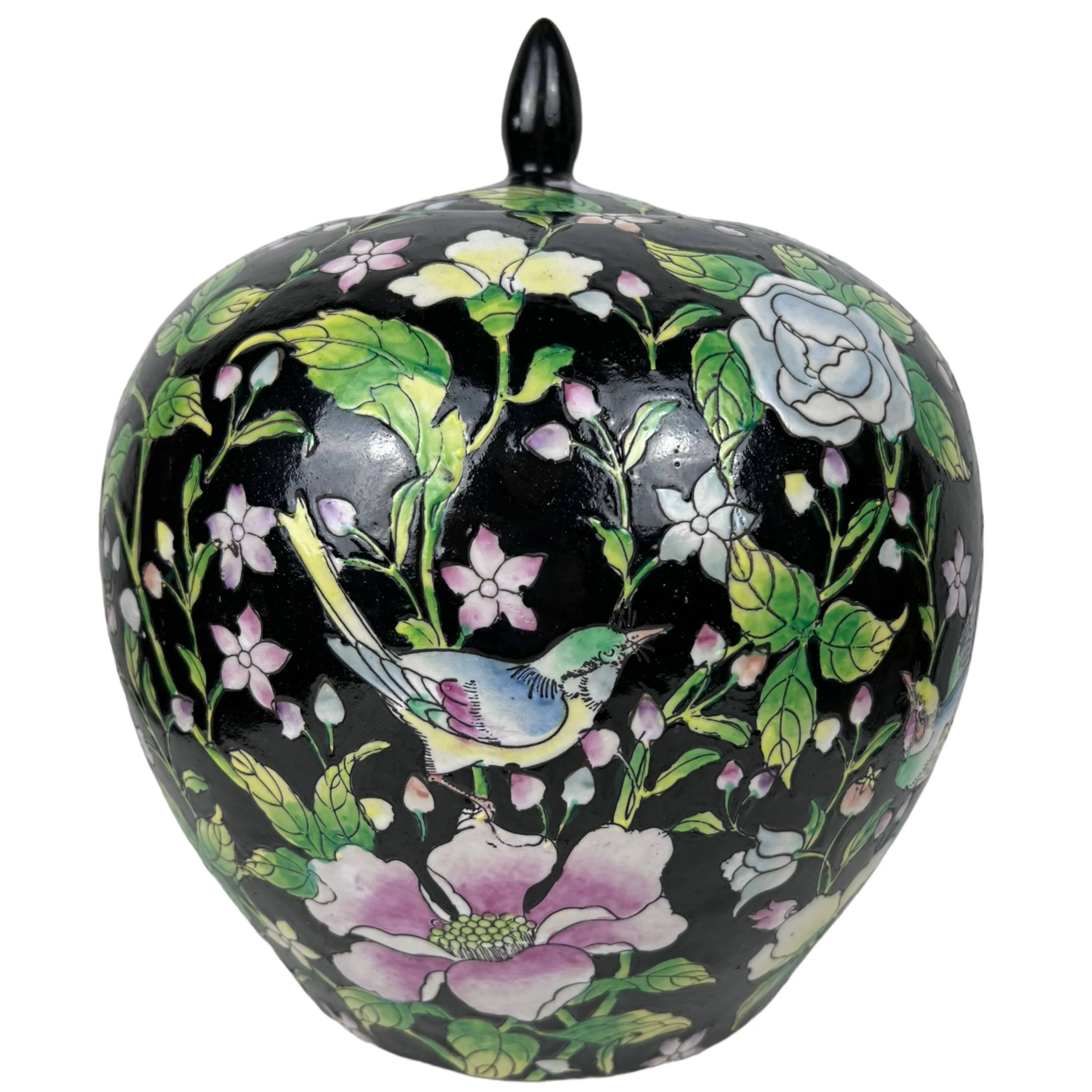 Large Vintage 1970s Chinese Porcelain Ginger Jar 1000 Flowers w Birds