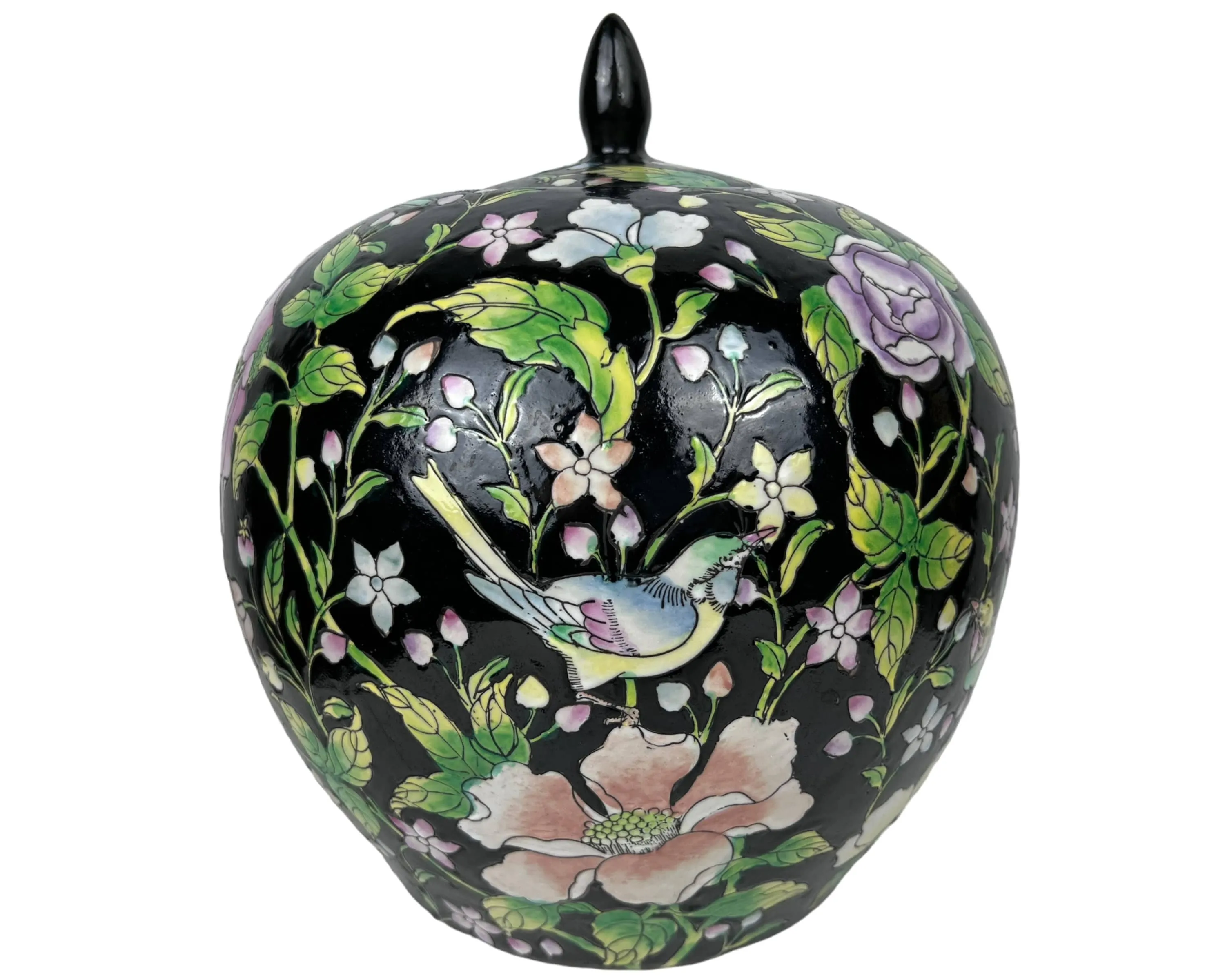Large Vintage 1970s Chinese Porcelain Ginger Jar 1000 Flowers w Birds