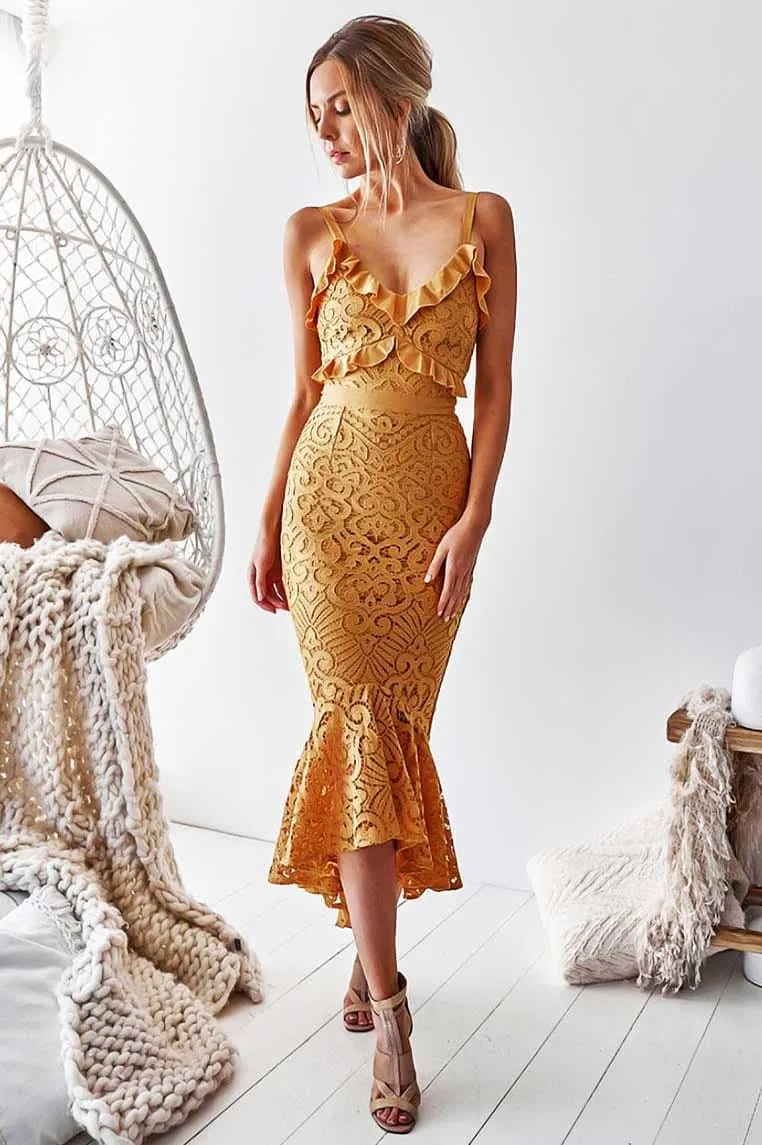 Leanne Lace Midi Dress - Mustard