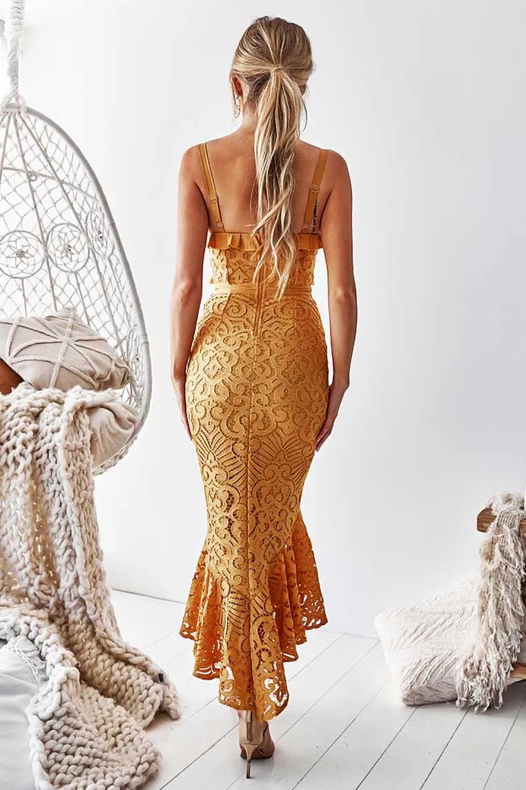 Leanne Lace Midi Dress - Mustard