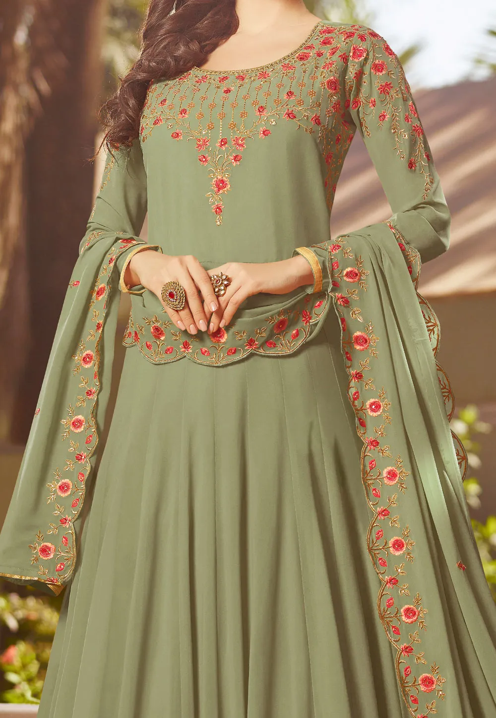 Light Green With Multi Embroidered Georgette Anarkali Suit
