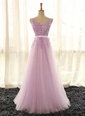 Light Purple V-neckline Long Formal Dress, Tulle Lace Applique Bridesmaid Dress