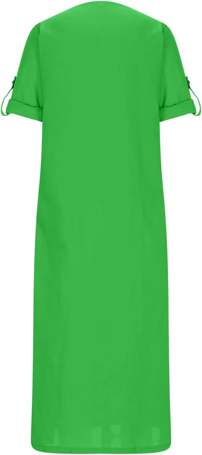 Linen Dresses for Women 2025 Cuffed Sleeve Crewneck Solid Color Long Cotton Dress Spring Maxi Dress with Pockets