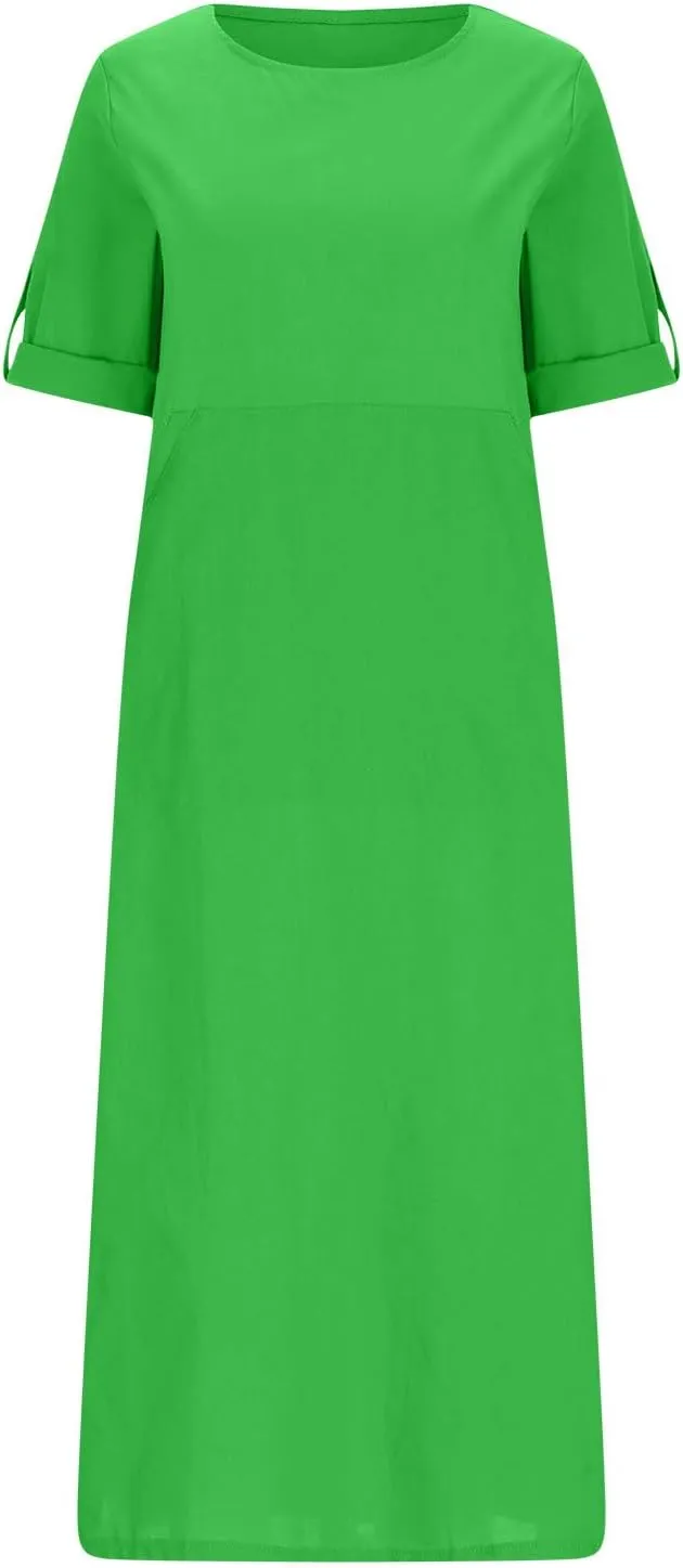 Linen Dresses for Women 2025 Cuffed Sleeve Crewneck Solid Color Long Cotton Dress Spring Maxi Dress with Pockets
