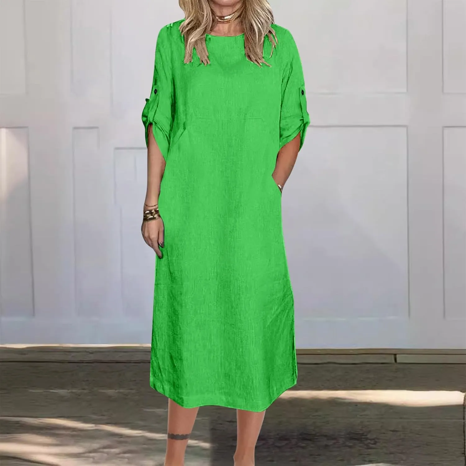 Linen Dresses for Women 2025 Cuffed Sleeve Crewneck Solid Color Long Cotton Dress Spring Maxi Dress with Pockets