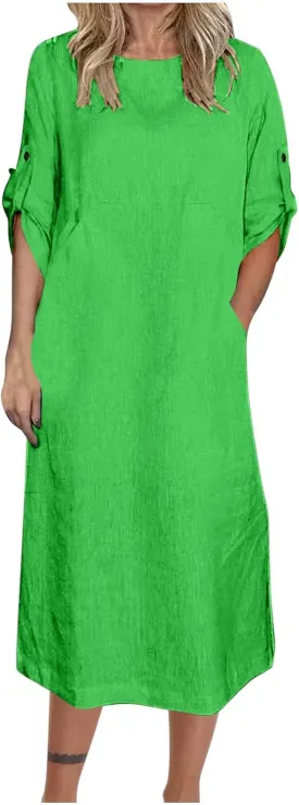 Linen Dresses for Women 2025 Cuffed Sleeve Crewneck Solid Color Long Cotton Dress Spring Maxi Dress with Pockets