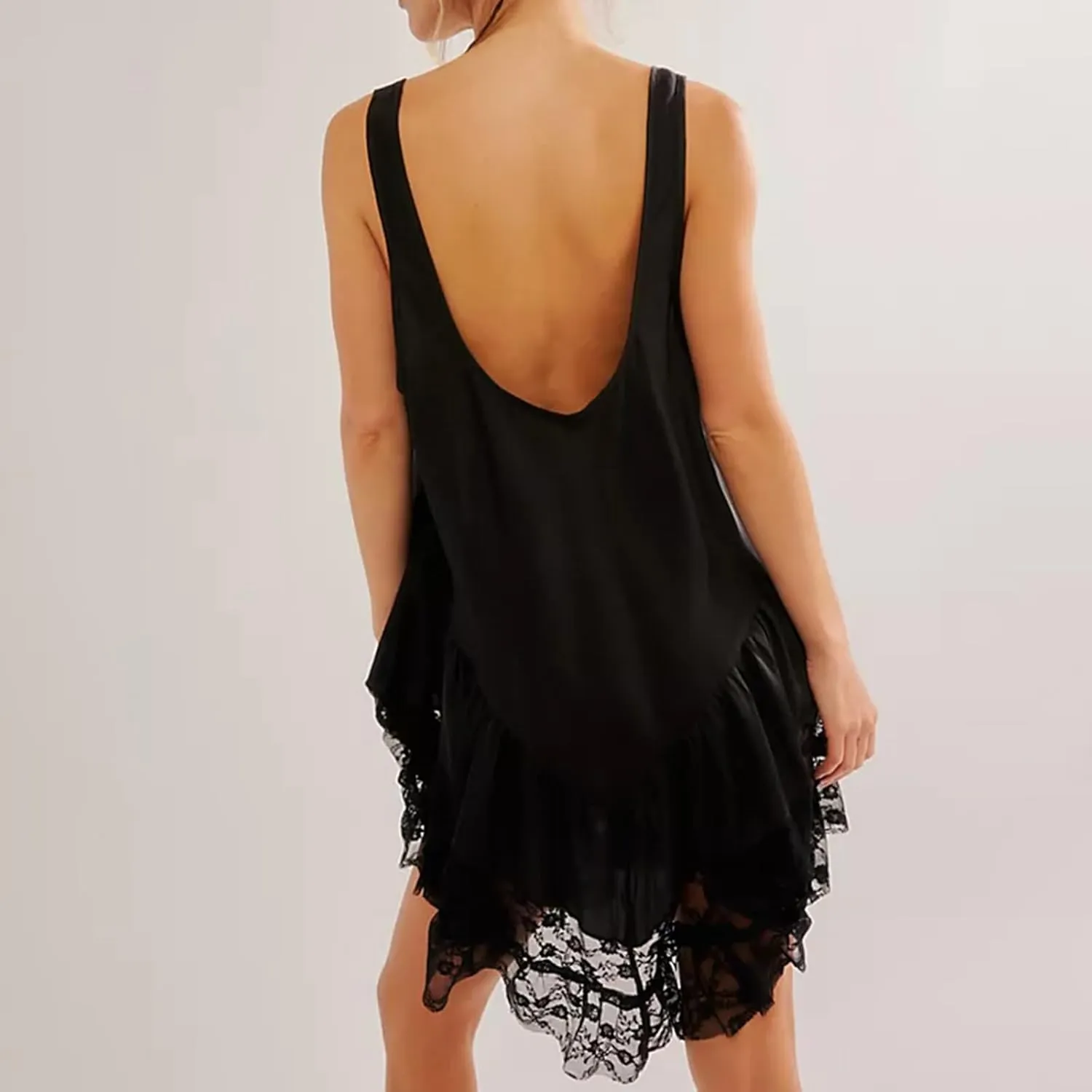Luckinbaby Women Y2k Mini Dress Lace Flowy Short Tank Dress Backless Ruffle Spaghetti Strap Sleeveless Slip Under Dress