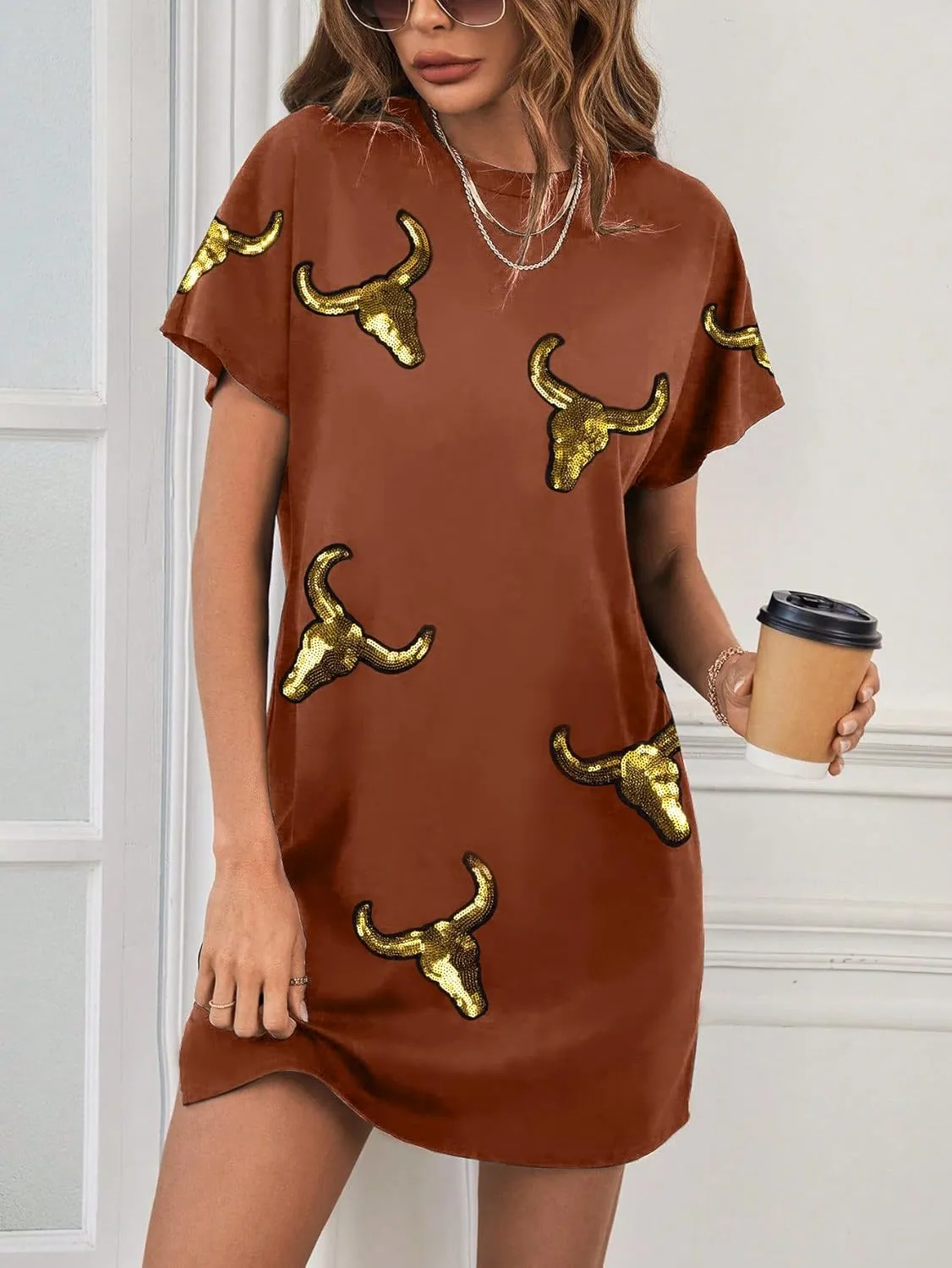 LUKYCILD Western Tshirt Dress Women Sequin Dress Cowgirl Graphic Mini Tee Shirt Dress Casual Summer Short Sleeve Dress
