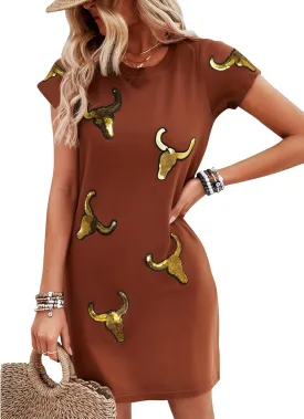 LUKYCILD Western Tshirt Dress Women Sequin Dress Cowgirl Graphic Mini Tee Shirt Dress Casual Summer Short Sleeve Dress