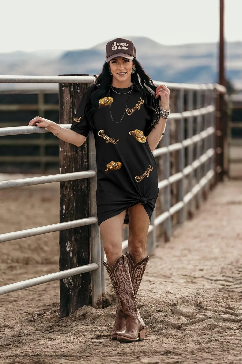 LUKYCILD Western Tshirt Dress Women Sequin Dress Cowgirl Graphic Mini Tee Shirt Dress Casual Summer Short Sleeve Dress