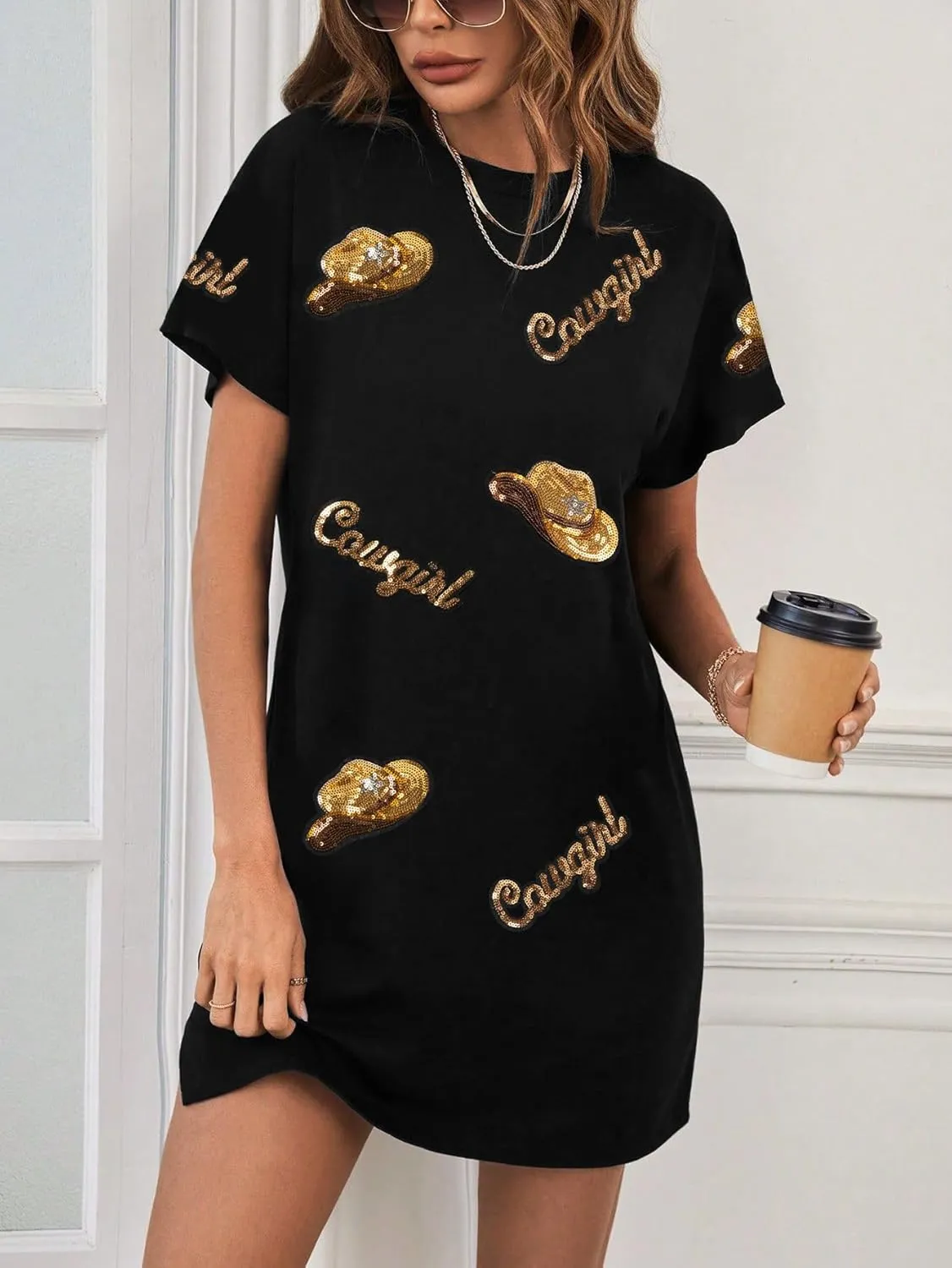 LUKYCILD Western Tshirt Dress Women Sequin Dress Cowgirl Graphic Mini Tee Shirt Dress Casual Summer Short Sleeve Dress