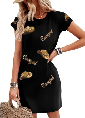 LUKYCILD Western Tshirt Dress Women Sequin Dress Cowgirl Graphic Mini Tee Shirt Dress Casual Summer Short Sleeve Dress
