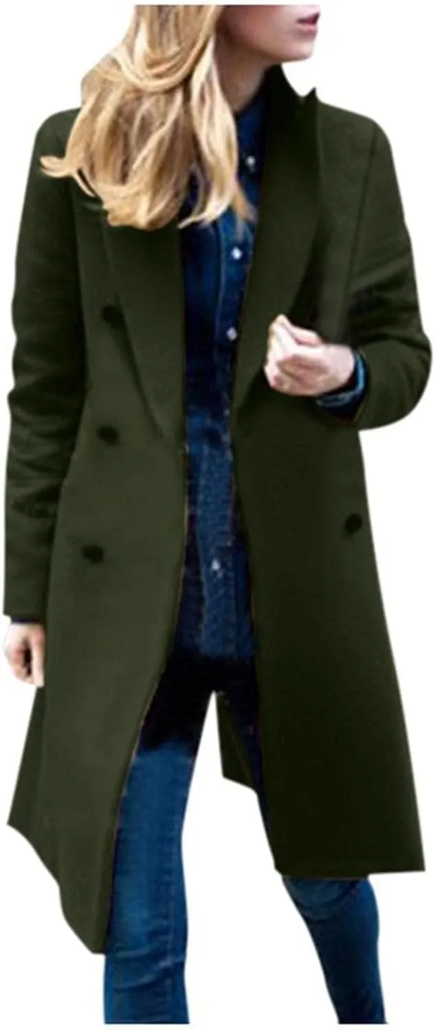 Lu's Chic Women's Elegant Peak Lapel Over Coat Double Breasted Trench Coat Slim Fit Fashion Dressy Casual Long Outerwear