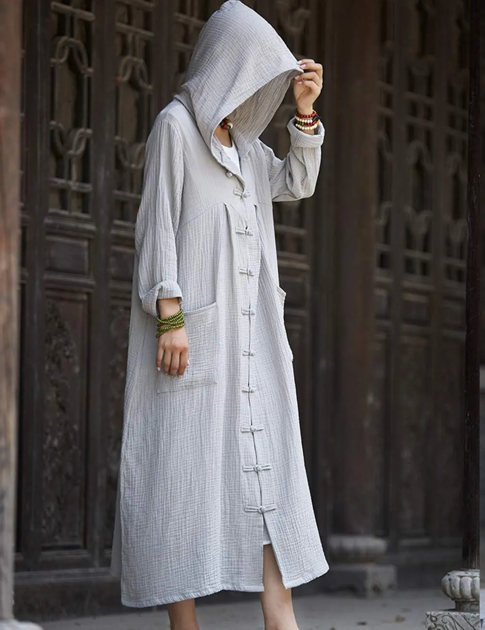 LUZU JUNU Women's Trench Coat Cotton Linen Hoodie Jacket Long Sleeve Chinese Frog Button Outwear with Pocket