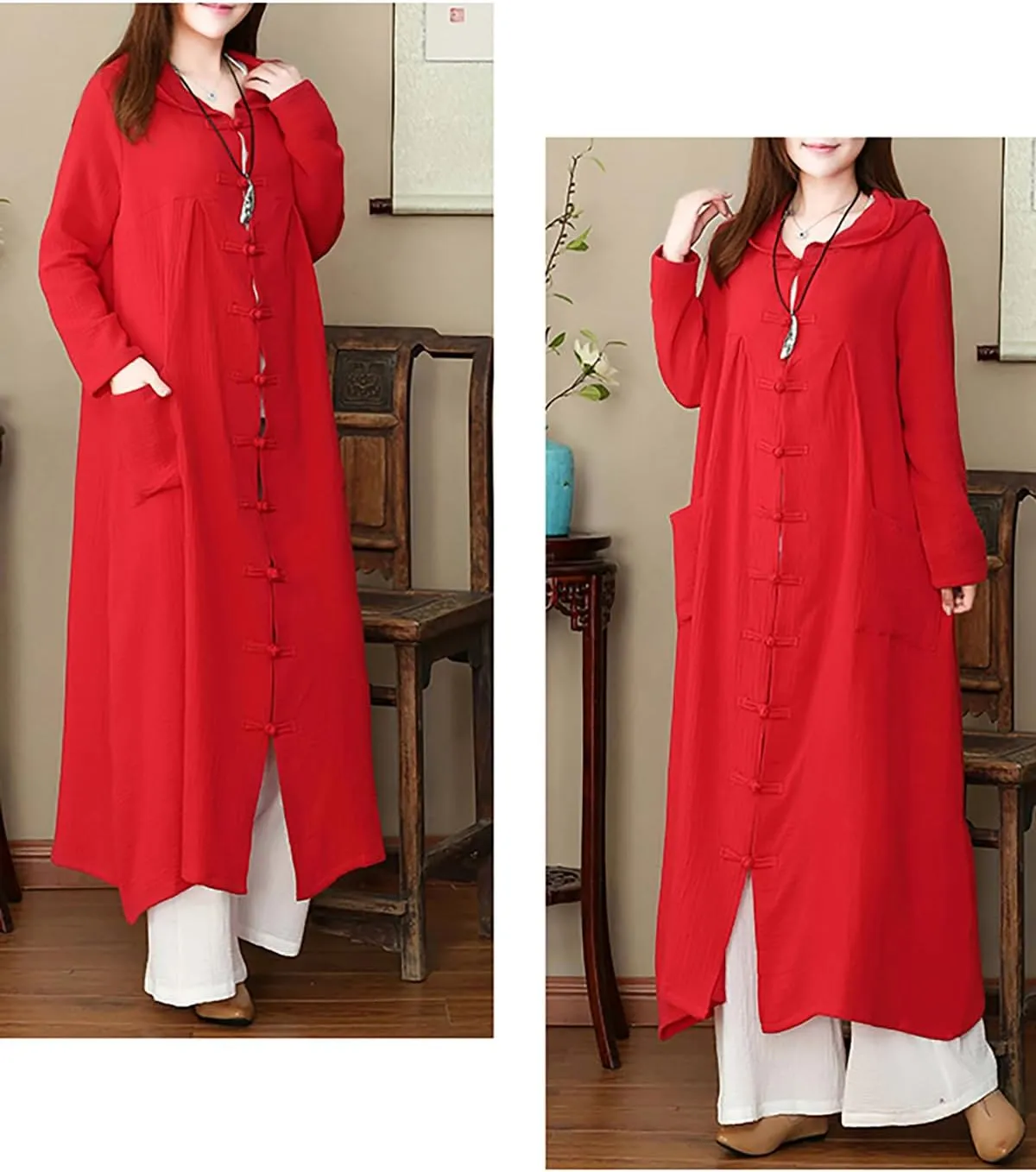 LUZU JUNU Women's Trench Coat Cotton Linen Hoodie Jacket Long Sleeve Chinese Frog Button Outwear with Pocket