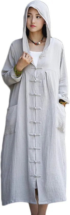 LUZU JUNU Women's Trench Coat Cotton Linen Hoodie Jacket Long Sleeve Chinese Frog Button Outwear with Pocket